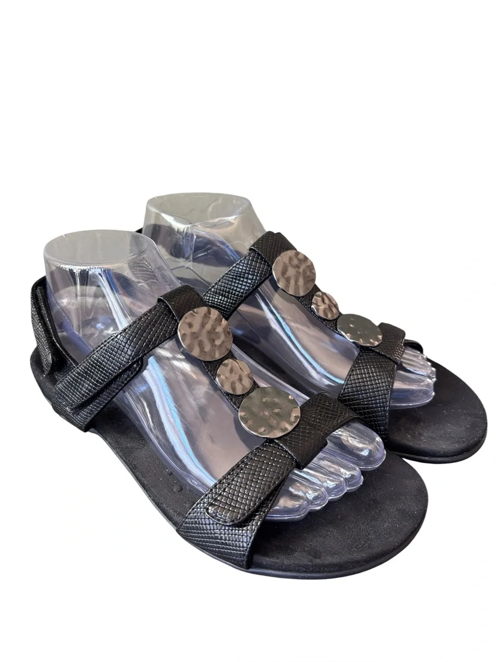 Vionic Farra Lizard Black Faux Leather Sandals Metallic Accent Size 8